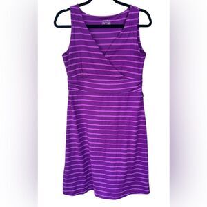 Eddie Bauer Purple Striped Sleeveless Faux Wrap Dress Womens Medium Stretch Knit